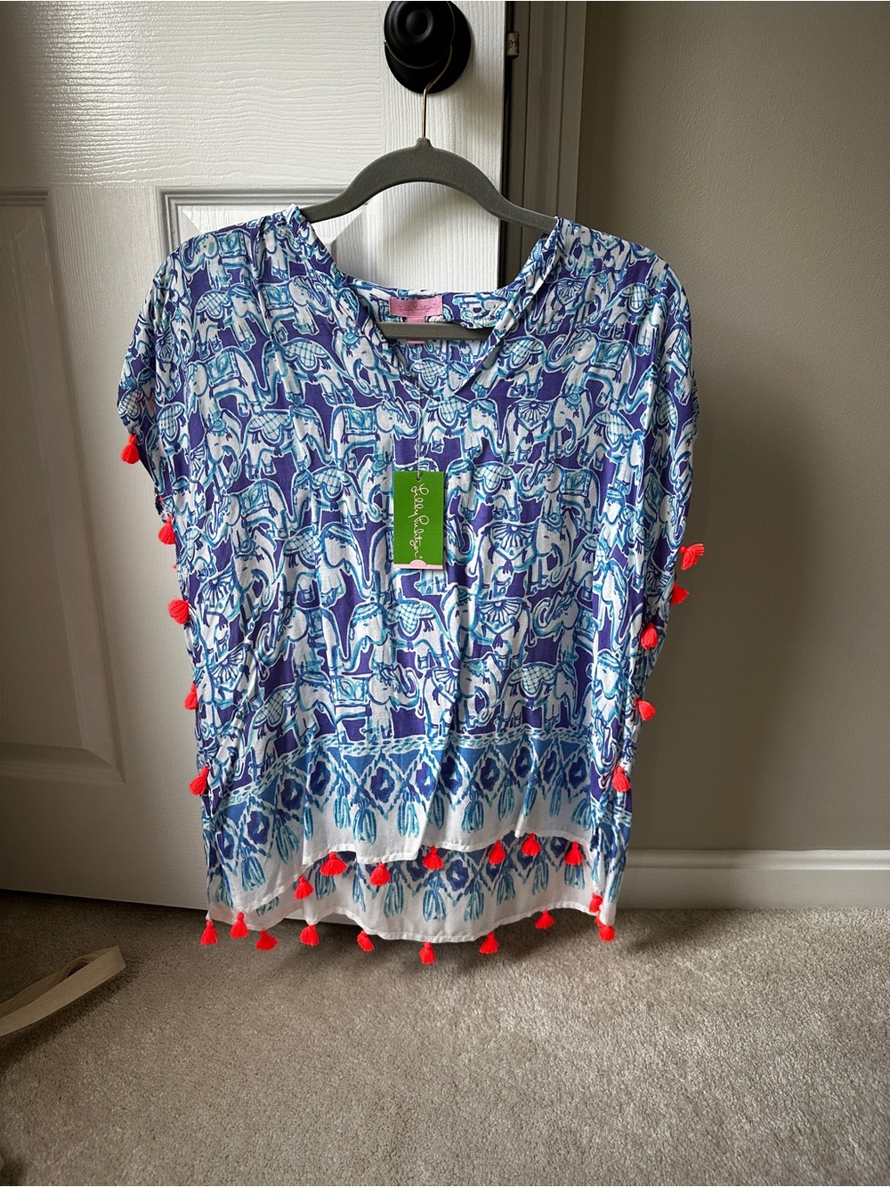 Lilly Pulitzer Blue & White Elephant Print Pom-Pom Tunic with Red Trim